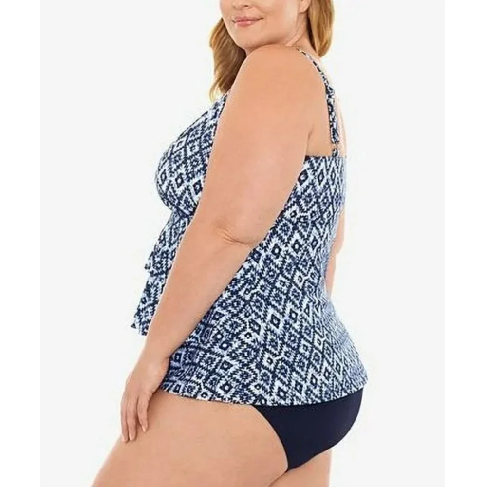 Swim Solutions TILE ISLAND NAVY Triple-Tier Fauxkini One-Piece Swimsuit - Picture 2 of 6